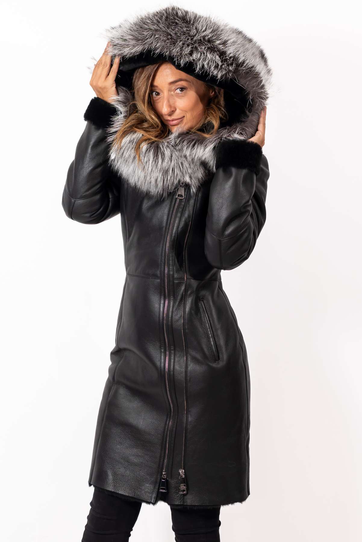 Women's exclusive lambskin coat Asena with Silver Fox