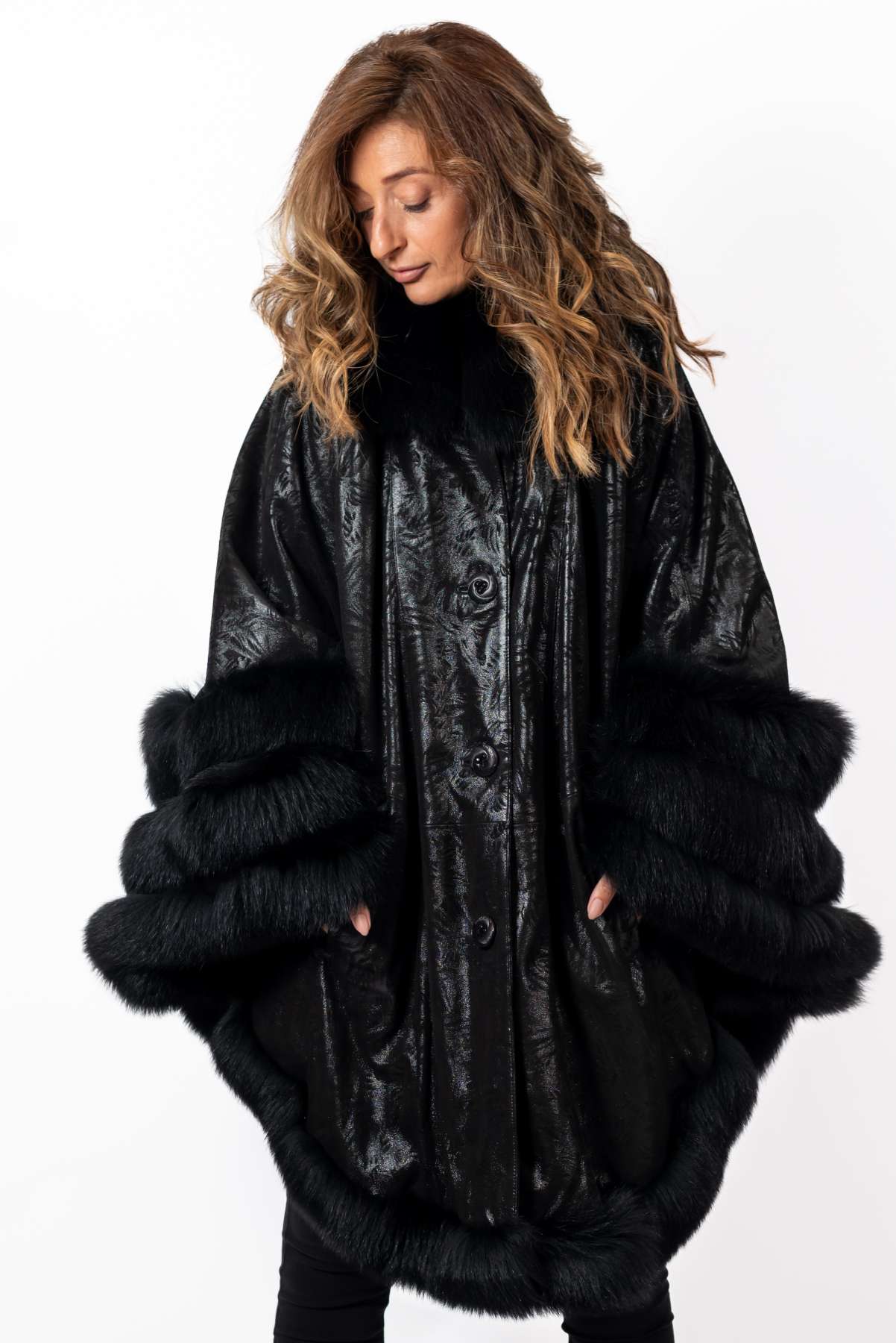 Women's leather cape Black Melange