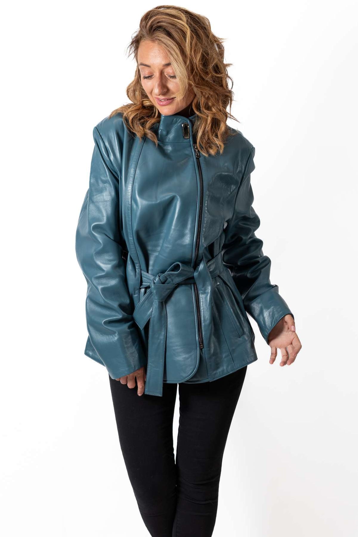 Women's leather jacket Vasilena Aquamarine