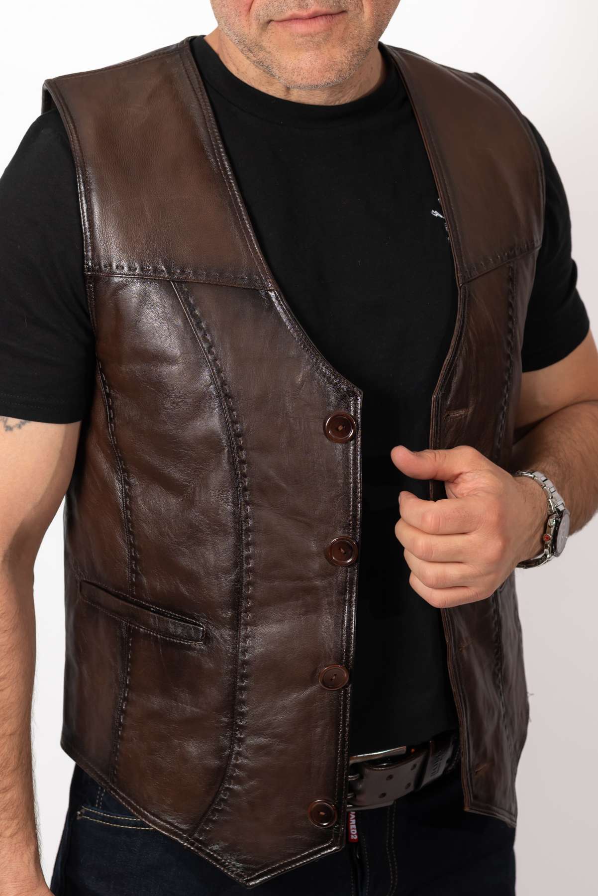 Men's leather vest Brown