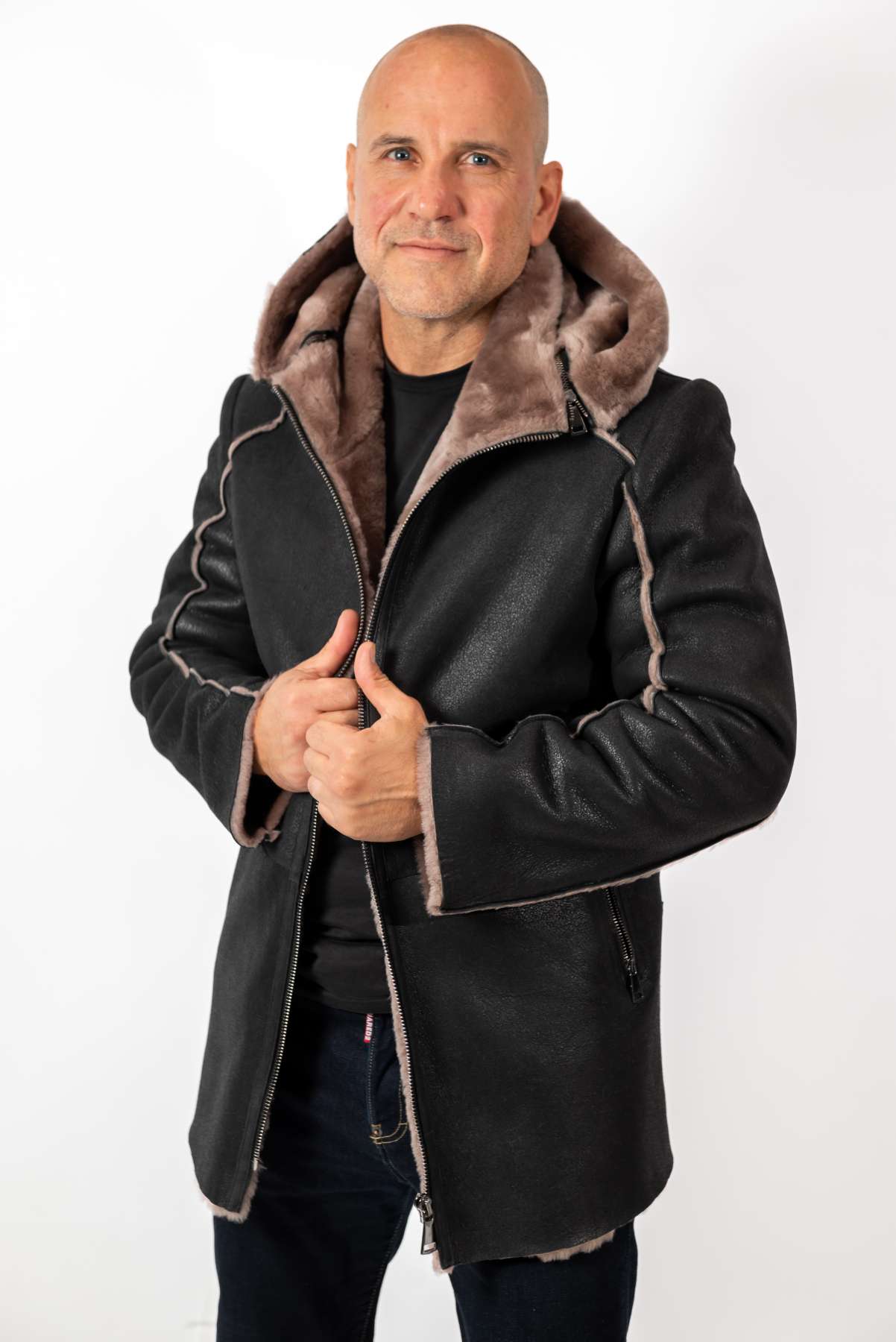 Men's leather coat Antoan with hood