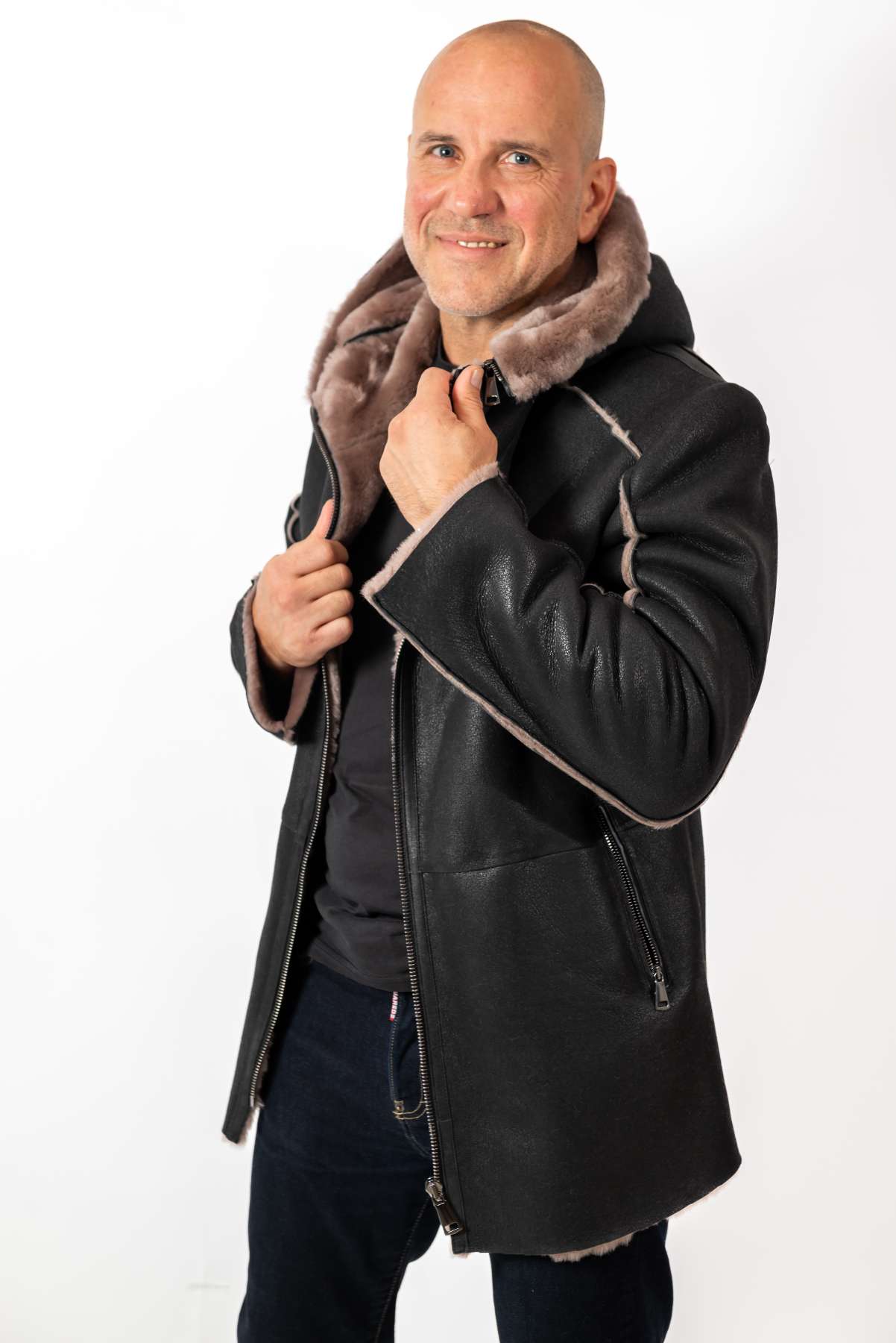 Men's leather coat Antoan with hood