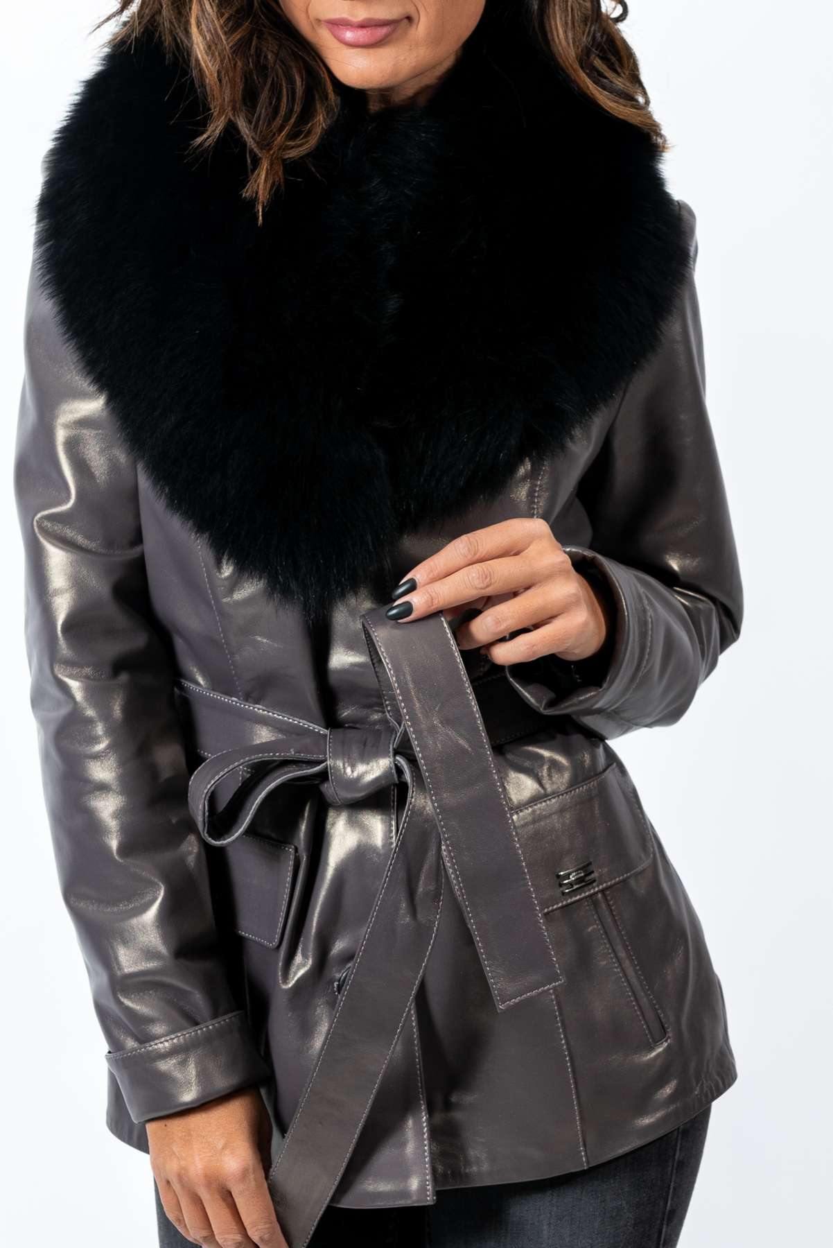 Women's leather jacket Amanda Grey with Fox