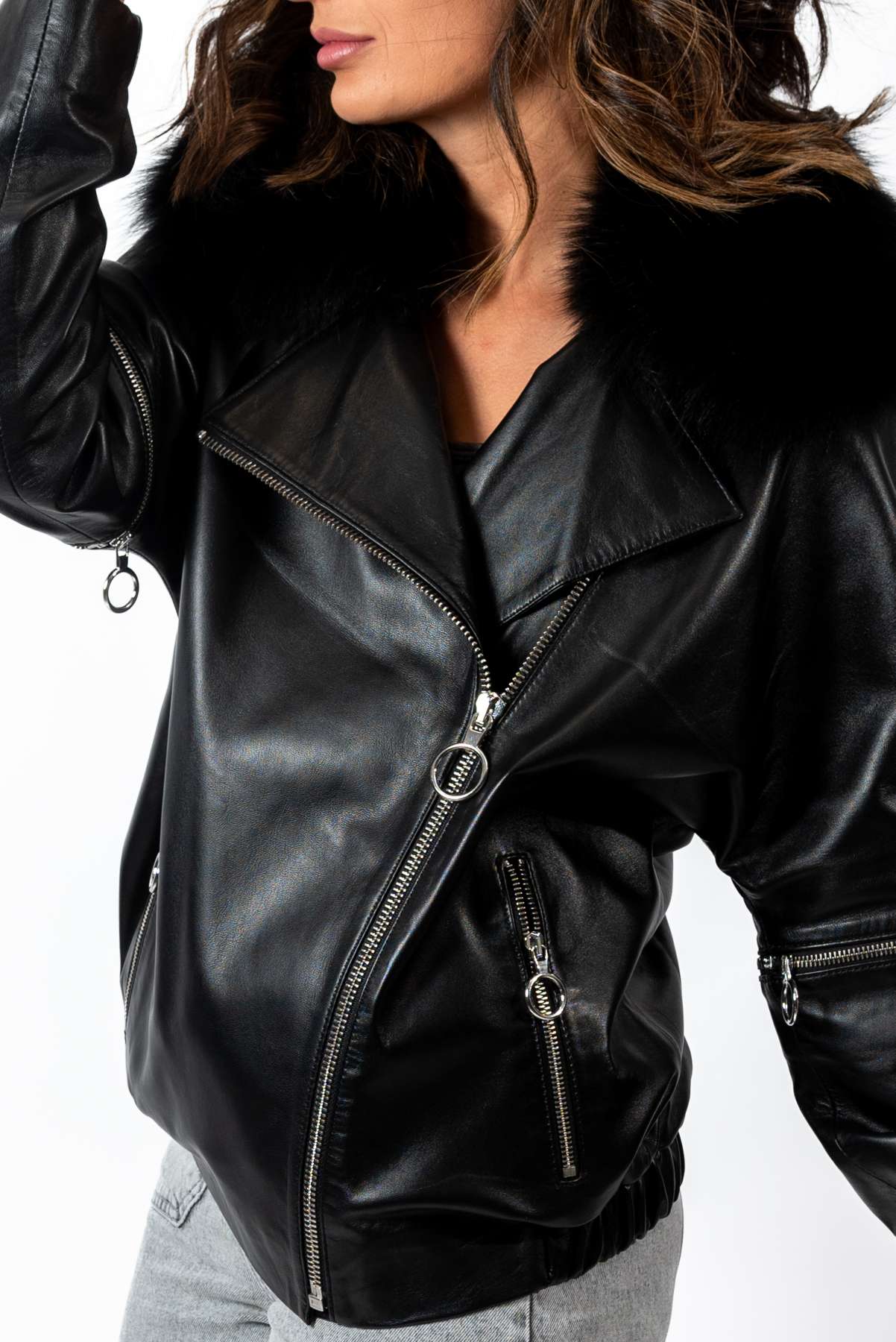 Women's leather jacket Deborah with fox