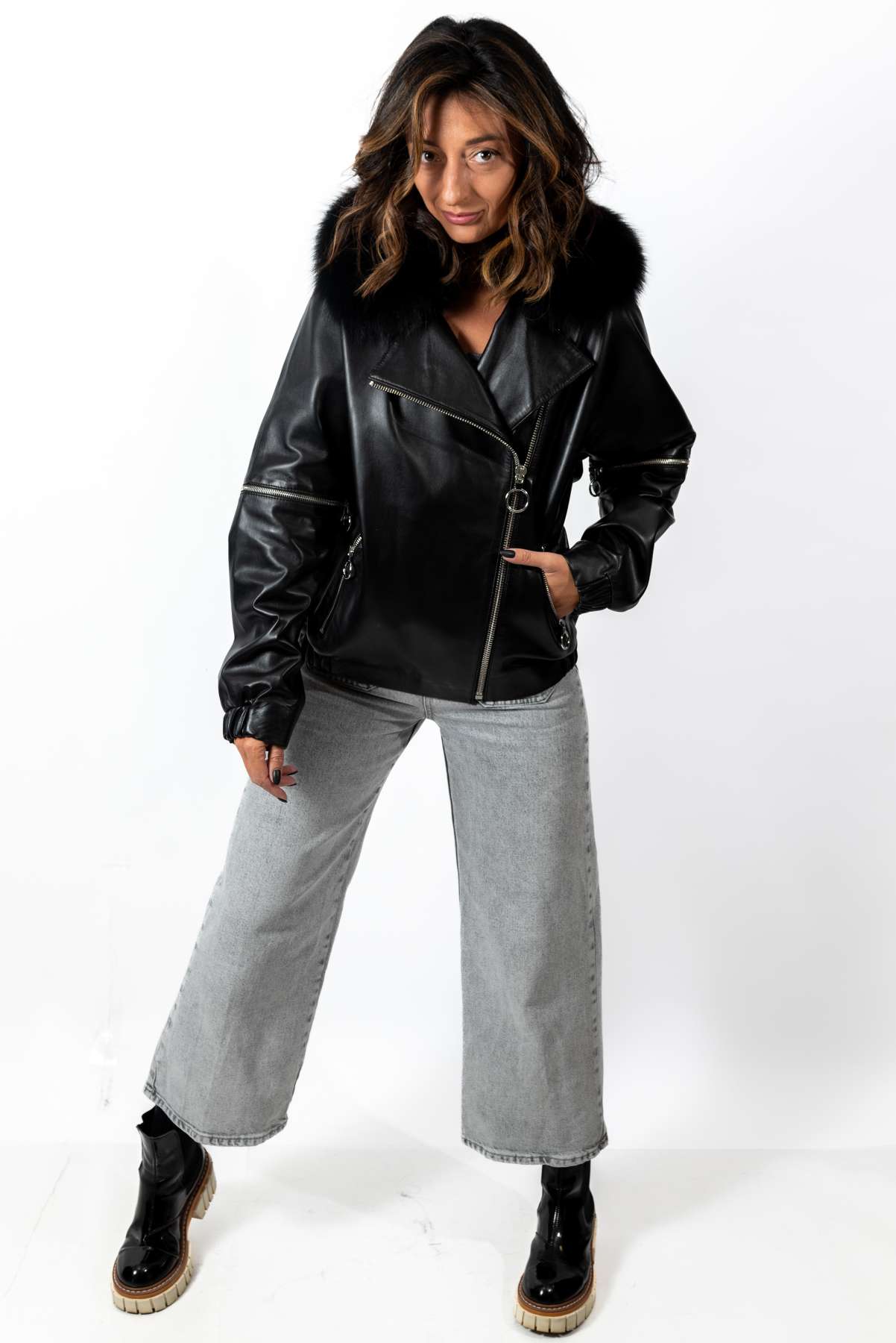 Women's leather jacket Deborah with fox