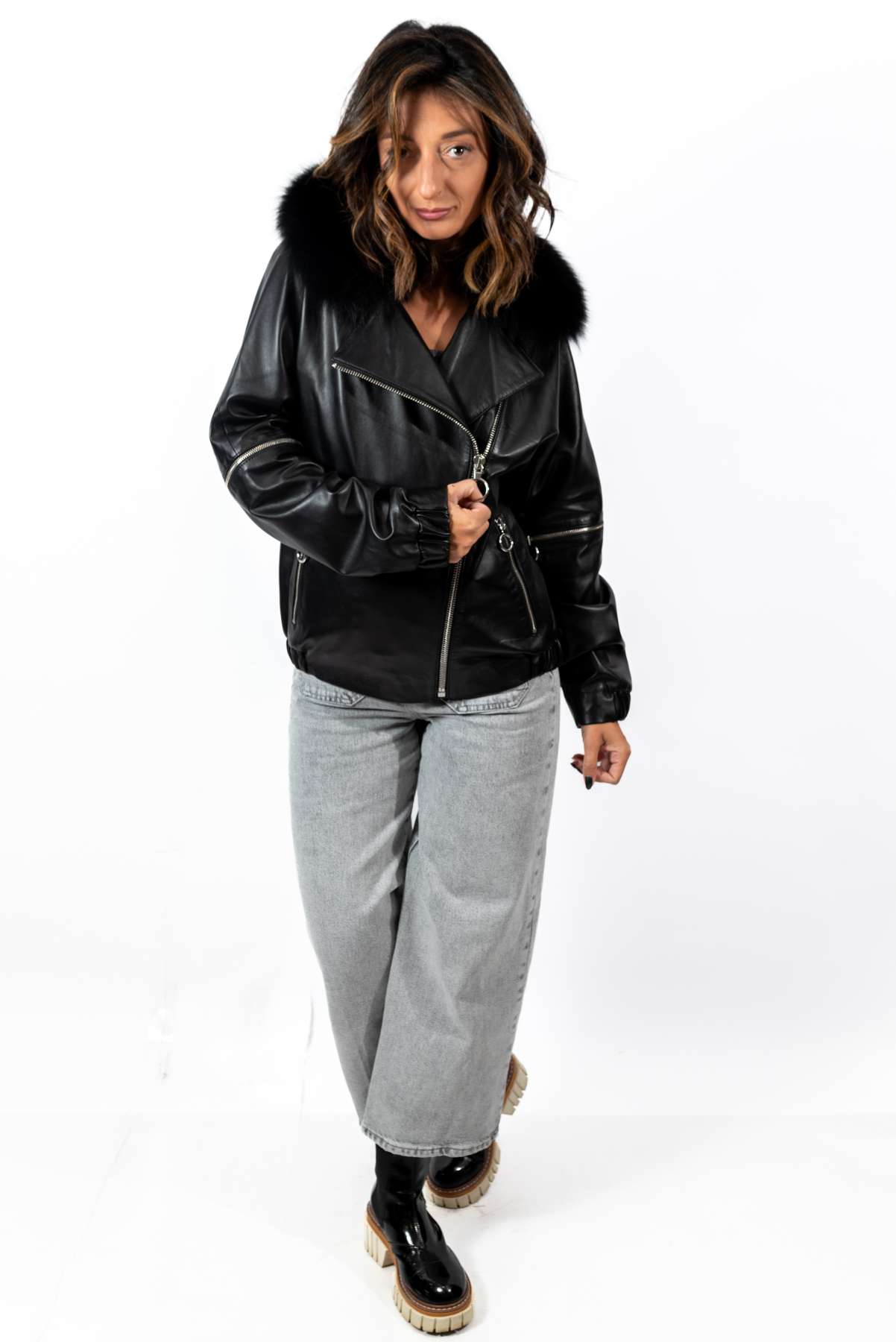 Women's leather jacket Deborah with fox