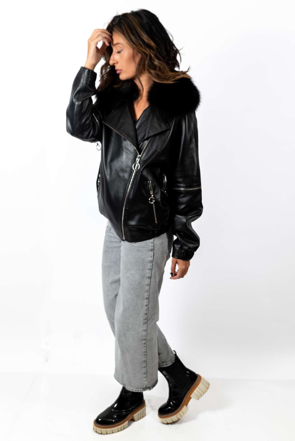 Women's leather jacket Deborah with fox