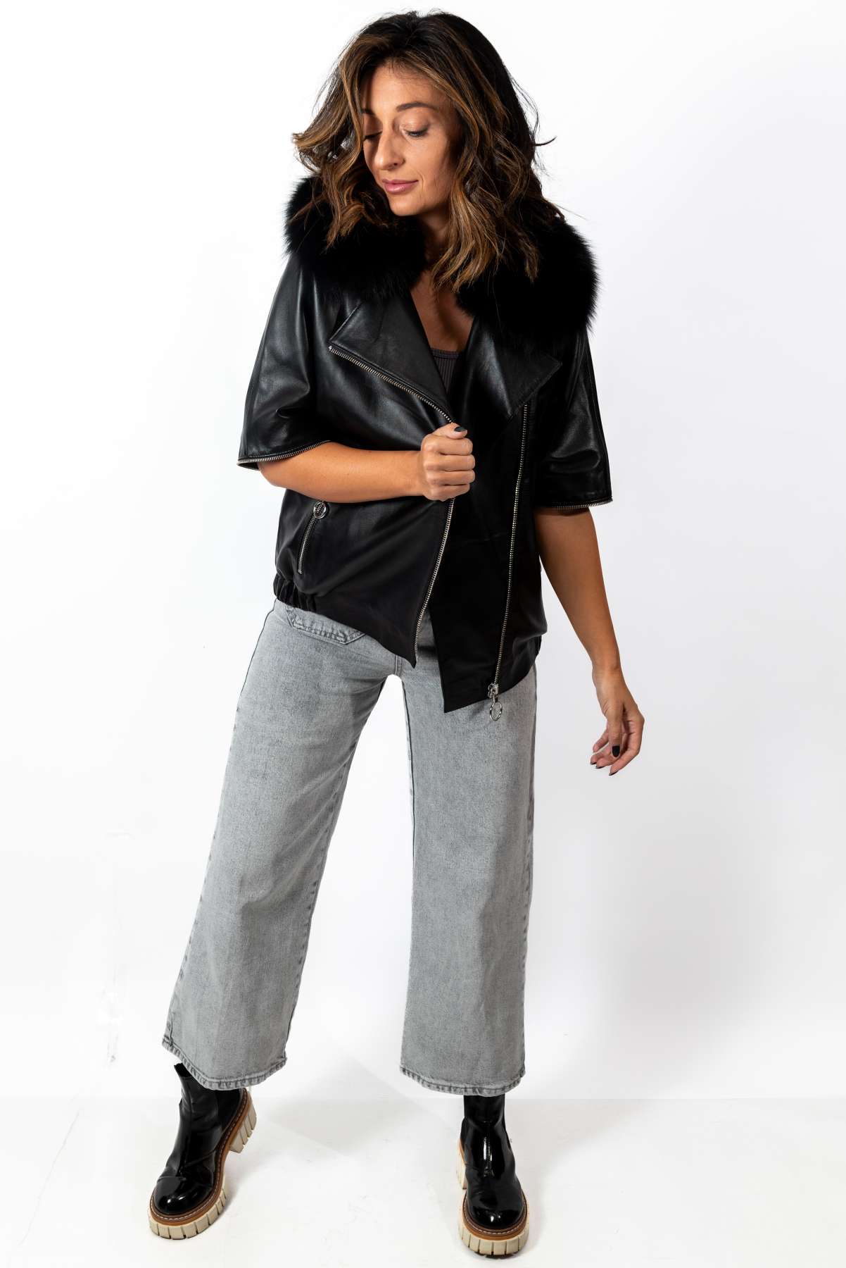 Women's leather jacket Deborah with fox