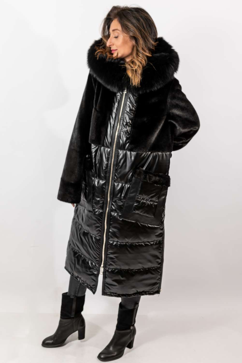Women's exclusive long Parka coat with black fox fur