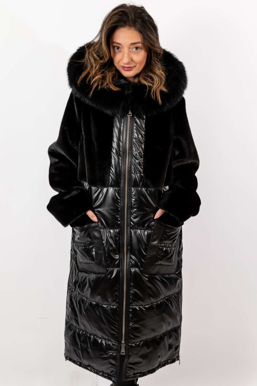 Women's exclusive long Parka coat with black fox fur