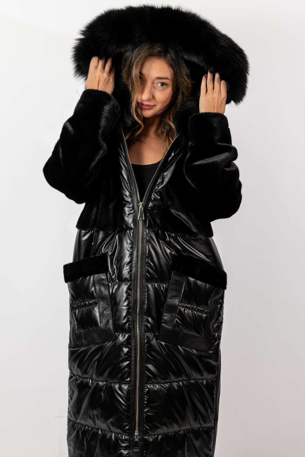 Women's exclusive long Parka coat with black fox fur