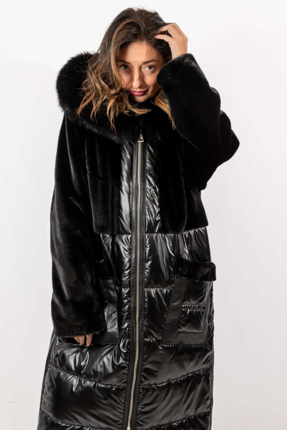 Women's exclusive long Parka coat with black fox fur