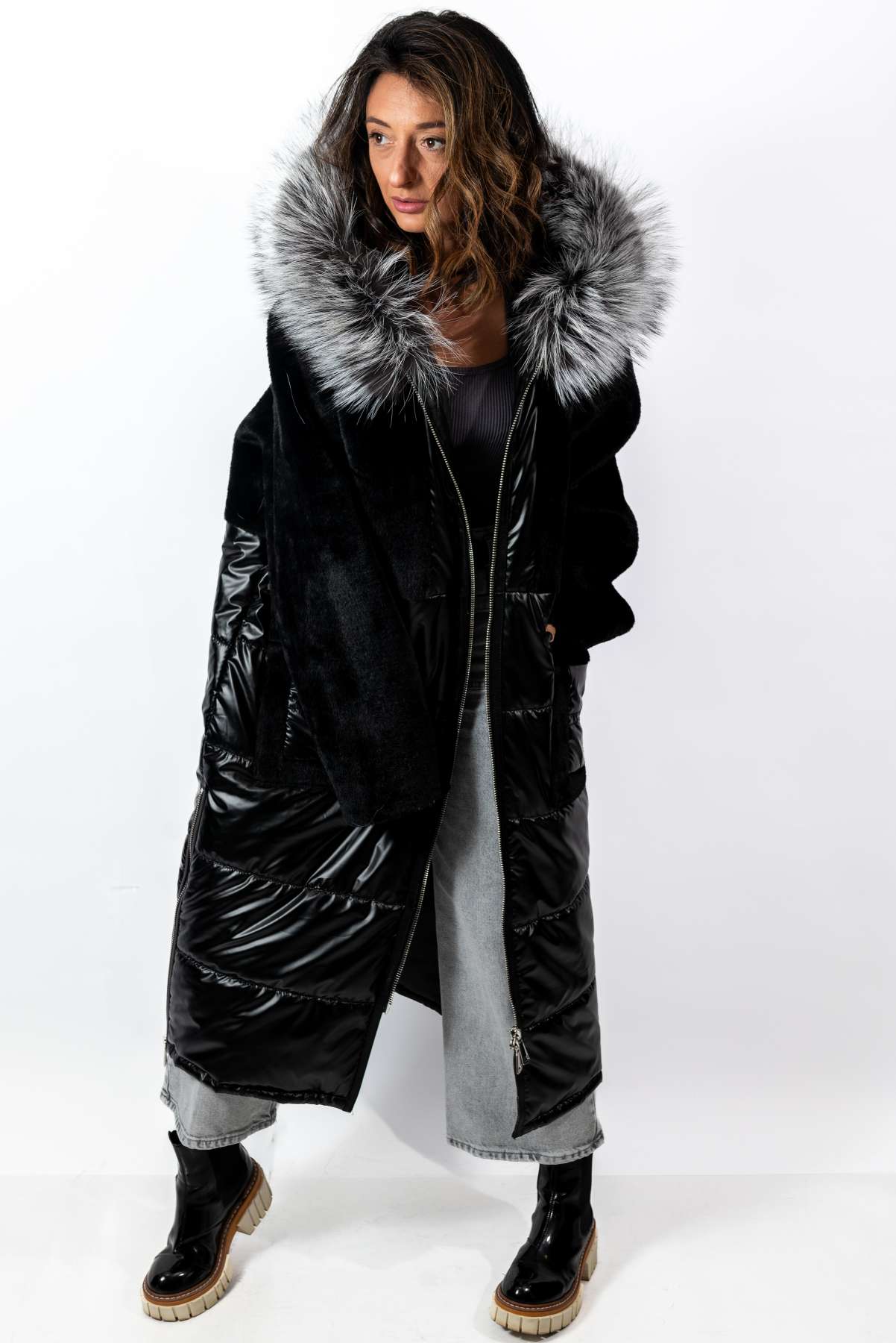 Women's exclusive long Parka coat with silver fox fur