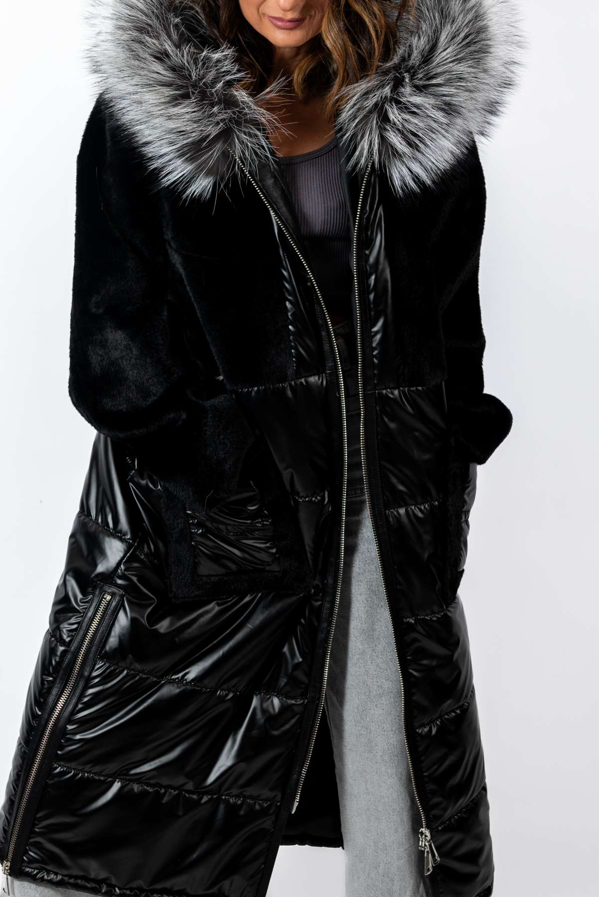 Women's exclusive long Parka coat with silver fox fur