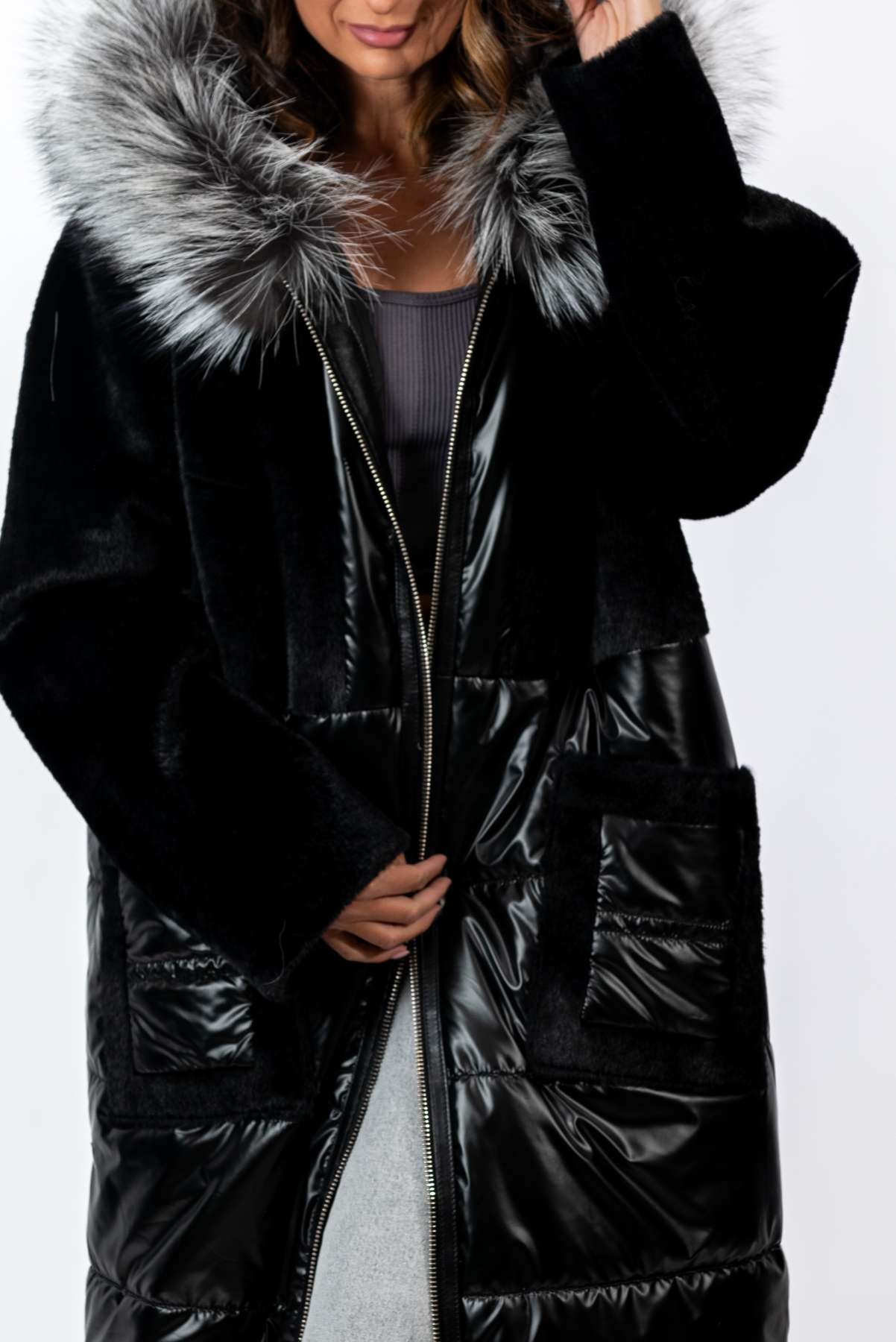 Women's exclusive long Parka coat with silver fox fur