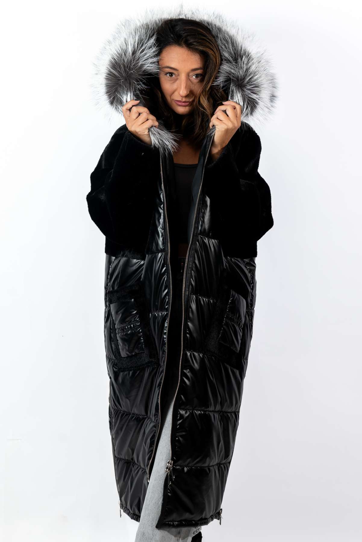 Women's exclusive long Parka coat with silver fox fur